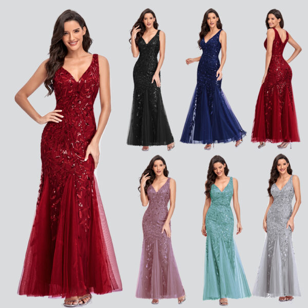 Sleeveless V-neck Embroidered Sequin Slim Mermaid Dress - Image 2