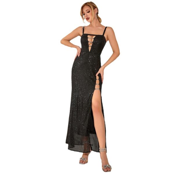 Elegant Hollow Out High Slit Sequin Sling - Image 4