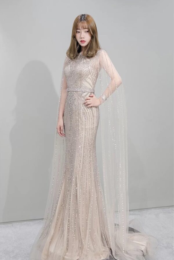 Fishtail Zipper Floating Sleeve Long Host Dress - Image 4